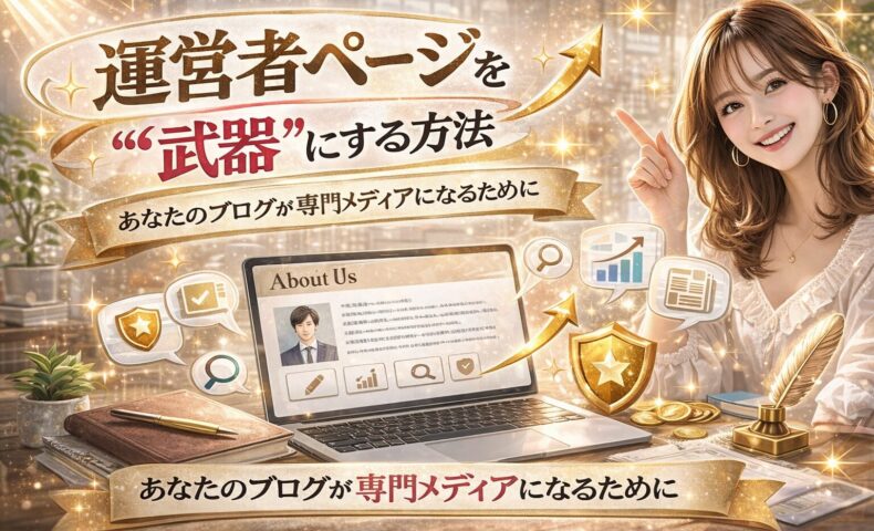 運営者ページを“武器”にする方法をテーマに、ノートPCに表示された「About Us」ページ、上昇グラフや検索アイコン、ゴールドの盾マークとともに、微笑む女性が指差す華やかなアイキャッチ画像。