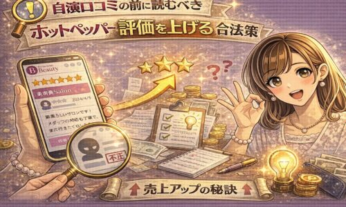 ホットペッパー評価を上げる合法策をテーマに、星評価の上昇やチェックリストが描かれたアイキャッチ画像