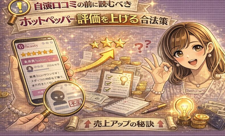 ホットペッパー評価を上げる合法策をテーマに、星評価の上昇やチェックリストが描かれたアイキャッチ画像