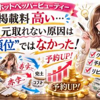 ホットペッパービューティーの掲載料が高く元が取れない原因を解説するアイキャッチ画像。ピンクとゴールドを基調に「掲載料高い…」「元取れない原因は“順位”ではなかった!」と大きく表示。赤字やコストのイラスト、売上グラフの上昇矢印、チェックリスト(クーポン設計・写真ページ改善・リピート導線)が描かれ、右側には改善ポイントを提示する女性コンサルタント風の人物が配置されている。