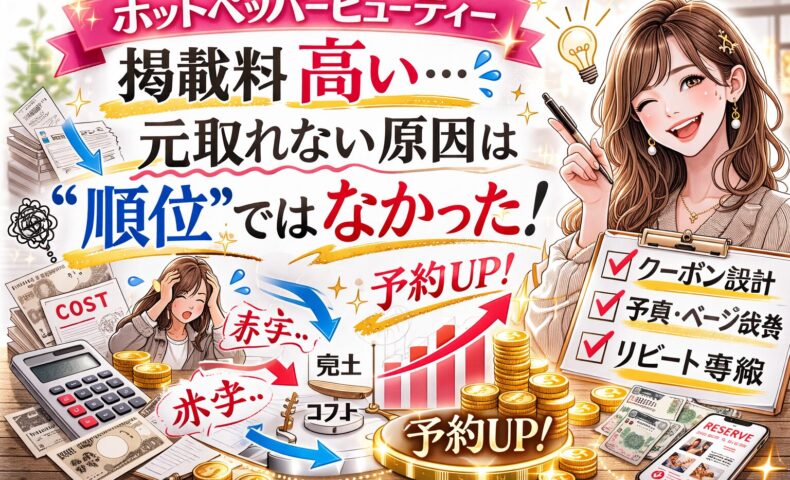 ホットペッパービューティーの掲載料が高く元が取れない原因を解説するアイキャッチ画像。ピンクとゴールドを基調に「掲載料高い…」「元取れない原因は“順位”ではなかった！」と大きく表示。赤字やコストのイラスト、売上グラフの上昇矢印、チェックリスト（クーポン設計・写真ページ改善・リピート導線）が描かれ、右側には改善ポイントを提示する女性コンサルタント風の人物が配置されている。