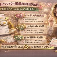 ホットペッパー掲載の美容室集客改善をテーマにしたアイキャッチ画像。ゴールドとピンクを基調に、「予約率UP」「改善ポイント」と大きく表示され、予約数が倍増したグラフやチェックリスト、スマホ画面、電卓や資料が配置され、右側に改善ノウハウを示す女性が描かれている。