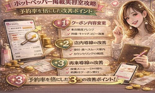 ホットペッパー掲載の美容室集客改善をテーマにしたアイキャッチ画像。ゴールドとピンクを基調に、「予約率UP」「改善ポイント」と大きく表示され、予約数が倍増したグラフやチェックリスト、スマホ画面、電卓や資料が配置され、右側に改善ノウハウを示す女性が描かれている。
