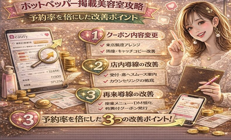 ホットペッパー掲載の美容室集客改善をテーマにしたアイキャッチ画像。ゴールドとピンクを基調に、「予約率UP」「改善ポイント」と大きく表示され、予約数が倍増したグラフやチェックリスト、スマホ画面、電卓や資料が配置され、右側に改善ノウハウを示す女性が描かれている。