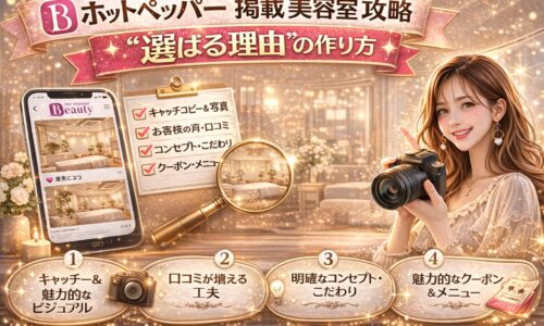 ホットペッパー掲載美容室攻略のための選ばれる理由の作り方を解説するアイキャッチ画像。サロン写真、カメラを持つ女性、チェックリストで集客改善ポイントを表現