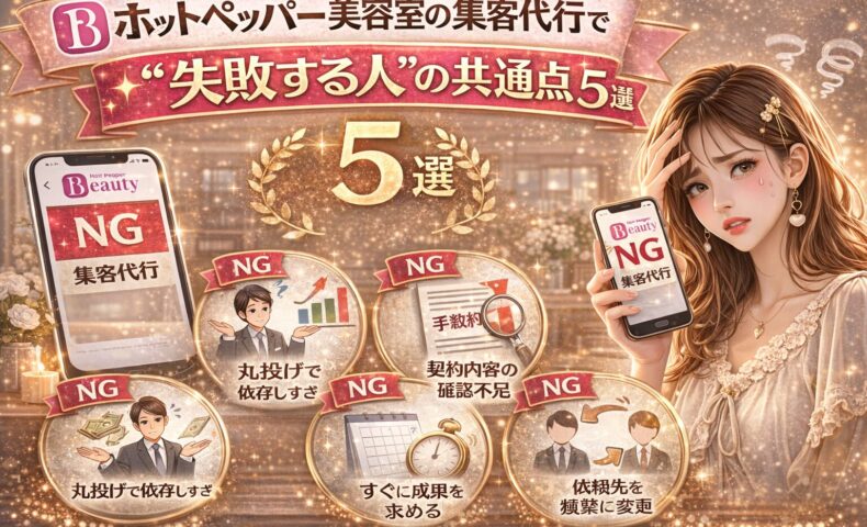 ホットペッパー美容室の集客代行で失敗する人の共通点5選を解説したアイキャッチ画像。NG例や悩む女性、チェックポイントが視覚的に表現されている