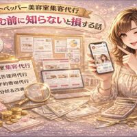 ホットペッパービューティー美容室集客代行の仕組みと注意点を解説するアイキャッチ画像。スマホ画面と女性モデル、広告運用や分析改善の要素をビジュアル化