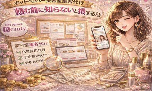 ホットペッパービューティー美容室集客代行の仕組みと注意点を解説するアイキャッチ画像。スマホ画面と女性モデル、広告運用や分析改善の要素をビジュアル化