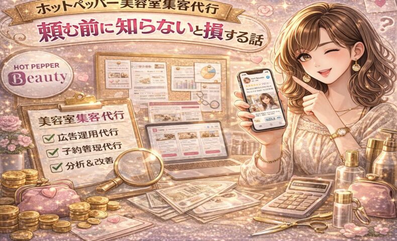 ホットペッパービューティー美容室集客代行の仕組みと注意点を解説するアイキャッチ画像。スマホ画面と女性モデル、広告運用や分析改善の要素をビジュアル化