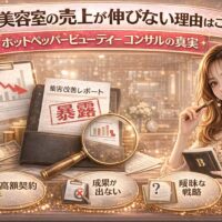 美容室の売上が伸びない理由とホットペッパービューティーコンサルの実態を解説するアイキャッチ画像。売上低下グラフや高額契約、戦略不足などの問題点が視覚的に表現されている