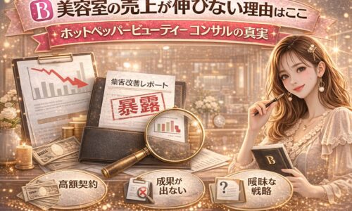 美容室の売上が伸びない理由とホットペッパービューティーコンサルの実態を解説するアイキャッチ画像。売上低下グラフや高額契約、戦略不足などの問題点が視覚的に表現されている