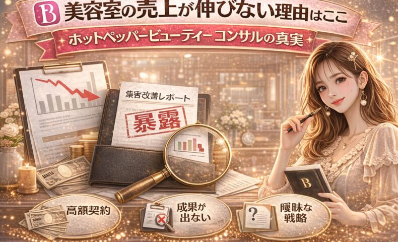 美容室の売上が伸びない理由とホットペッパービューティーコンサルの実態を解説するアイキャッチ画像。売上低下グラフや高額契約、戦略不足などの問題点が視覚的に表現されている