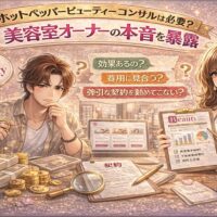 ホットペッパービューティーのコンサルは必要かをテーマに、美容室オーナーの悩みと本音を表現したアイキャッチ画像。費用・効果・契約への不安をビジュアル化