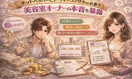 ホットペッパービューティーのコンサルは必要かをテーマに、美容室オーナーの悩みと本音を表現したアイキャッチ画像。費用・効果・契約への不安をビジュアル化