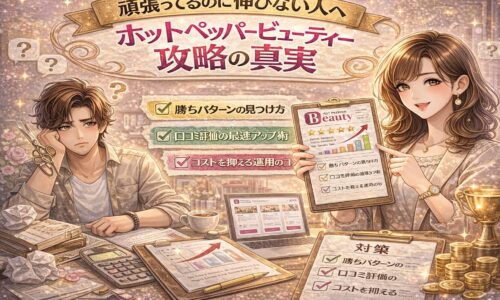 ホットペッパービューティーで頑張っているのに集客が伸びない美容室オーナーの悩みと、改善ポイントを対比で表現したアイキャッチ画像