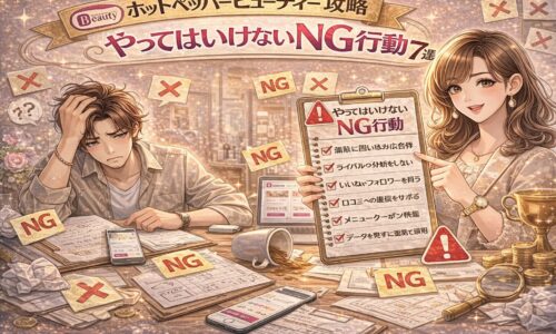 ホットペッパービューティー集客でやってはいけないNG行動をテーマに、美容室オーナーの失敗例と改善チェックリストを対比したアイキャッチ画像