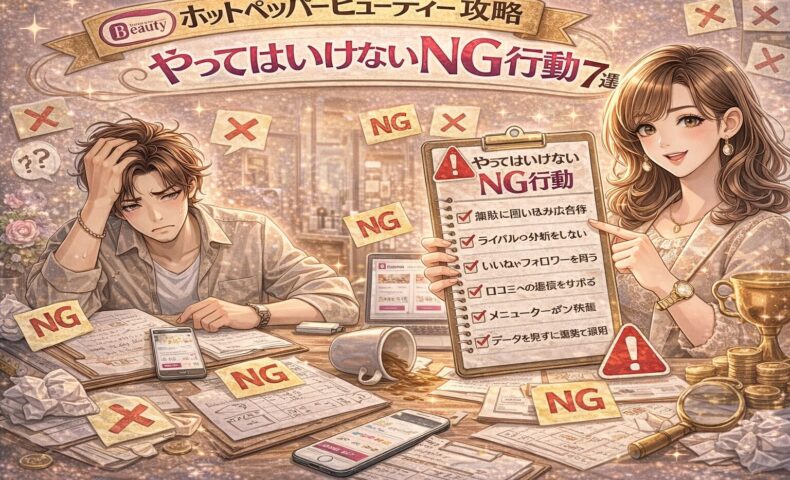 ホットペッパービューティー集客でやってはいけないNG行動をテーマに、美容室オーナーの失敗例と改善チェックリストを対比したアイキャッチ画像