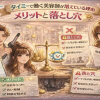 タイミーで働く美容師が増えている理由とメリット・落とし穴を対比で表現したアイキャッチ画像。自由な働き方と不安要素を視覚的に解説