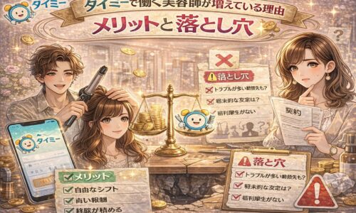 タイミーで働く美容師が増えている理由とメリット・落とし穴を対比で表現したアイキャッチ画像。自由な働き方と不安要素を視覚的に解説