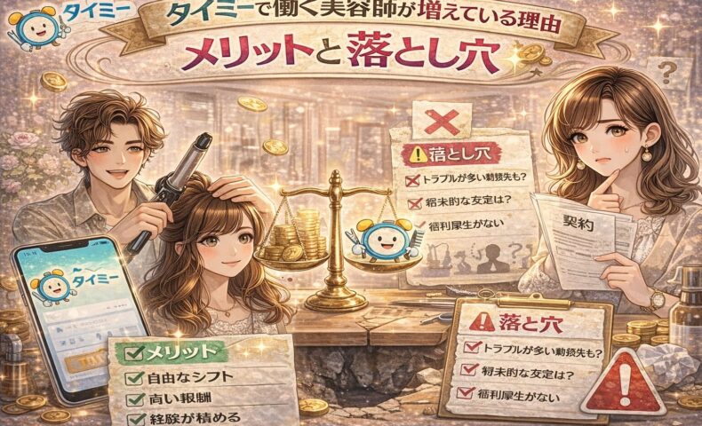 タイミーで働く美容師が増えている理由とメリット・落とし穴を対比で表現したアイキャッチ画像。自由な働き方と不安要素を視覚的に解説