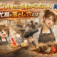 忙しいのに儲からない美容室の繁忙期の落とし穴を表現した疲れた美容師と売上低下イメージのアイキャッチ画像