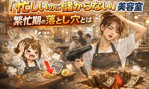 忙しいのに儲からない美容室の繁忙期の落とし穴を表現した疲れた美容師と売上低下イメージのアイキャッチ画像