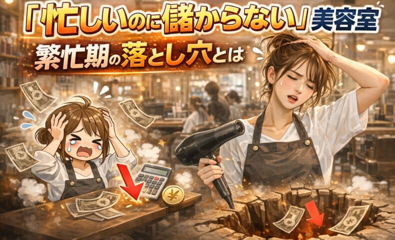 忙しいのに儲からない美容室の繁忙期の落とし穴を表現した疲れた美容師と売上低下イメージのアイキャッチ画像