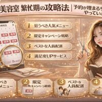 美容室の繁忙期に予約を埋めるための攻略法を解説するアイキャッチ画像。満席の予約カレンダーや人気メニュー、キャンペーン戦略などが視覚的に表現されている