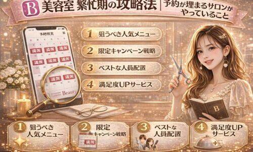 美容室の繁忙期に予約を埋めるための攻略法を解説するアイキャッチ画像。満席の予約カレンダーや人気メニュー、キャンペーン戦略などが視覚的に表現されている