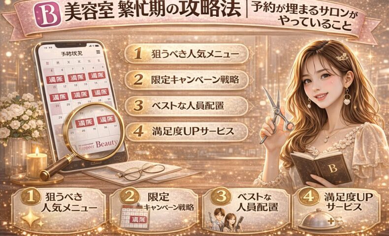 美容室の繁忙期に予約を埋めるための攻略法を解説するアイキャッチ画像。満席の予約カレンダーや人気メニュー、キャンペーン戦略などが視覚的に表現されている