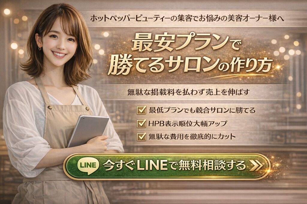 ホットペッパービューティーの集客に悩む美容室オーナー向けに、最安プランでも勝てる方法とLINE無料相談を訴求するバナー