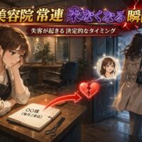 美容院の常連客が来なくなる瞬間を表現した、落ち込む美容師と退店する女性客のアイキャッチ画像