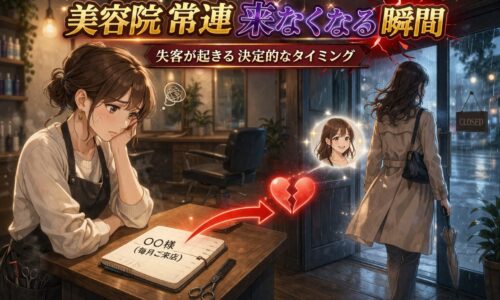 美容院の常連客が来なくなる瞬間を表現した、落ち込む美容師と退店する女性客のアイキャッチ画像