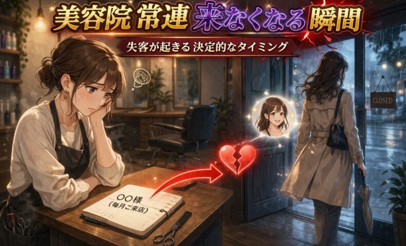 美容院の常連客が来なくなる瞬間を表現した、落ち込む美容師と退店する女性客のアイキャッチ画像