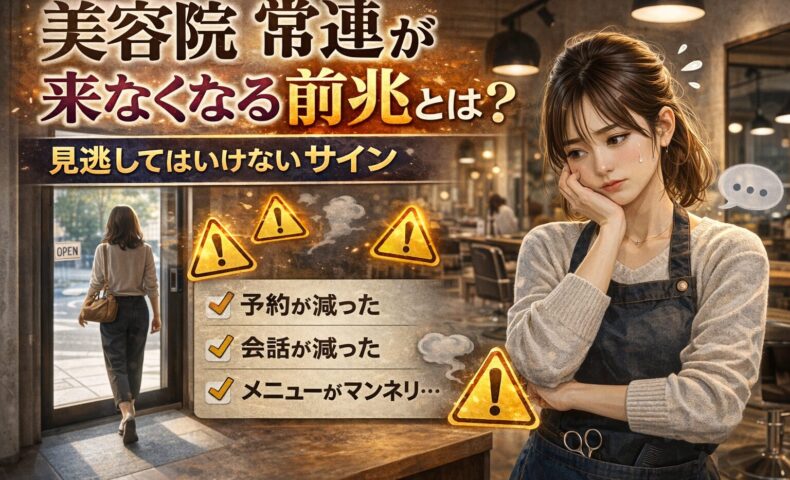 美容院の常連が来なくなる前兆を表現した、不安な美容師と帰る女性客、注意サインが描かれたアイキャッチ画像