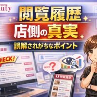 ホットペッパービューティーの閲覧履歴に関する店側の真実と誤解されがちなポイントを解説するアイキャッチ画像。閲覧履歴画面や疑問を持つスタッフが視覚的に表現されている