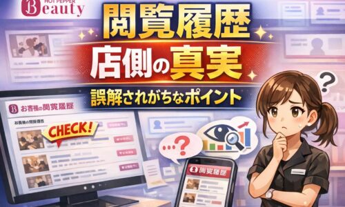 ホットペッパービューティーの閲覧履歴に関する店側の真実と誤解されがちなポイントを解説するアイキャッチ画像。閲覧履歴画面や疑問を持つスタッフが視覚的に表現されている