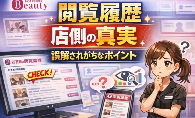 ホットペッパービューティーの閲覧履歴に関する店側の真実と誤解されがちなポイントを解説するアイキャッチ画像。閲覧履歴画面や疑問を持つスタッフが視覚的に表現されている