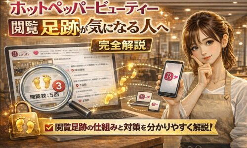 ホットペッパービューティーの閲覧や足跡が気になる人向けに仕組みを解説する美容室とスマホ画面のアイキャッチ画像