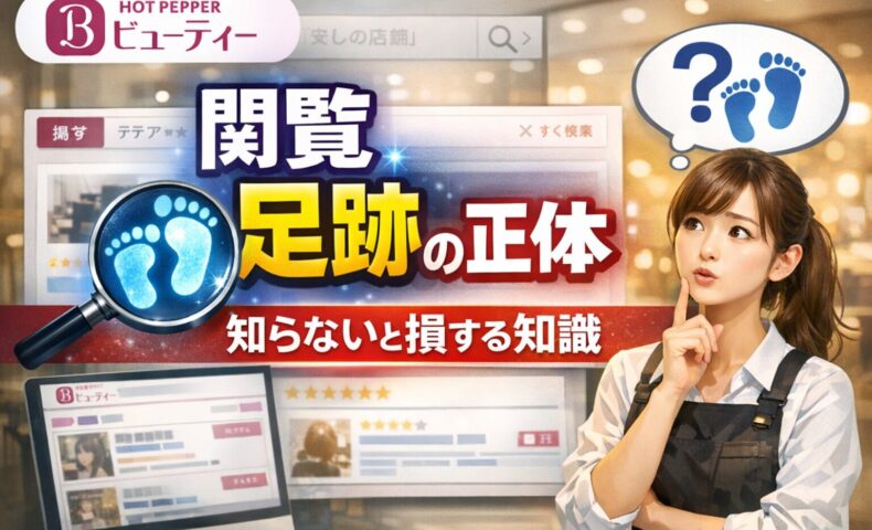 ホットペッパービューティーの閲覧足跡の仕組みと正体を解説するアイキャッチ画像。虫眼鏡と足跡アイコン、疑問を持つ女性が視覚的に表現されている