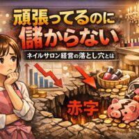 頑張っているのに儲からないネイルサロン経営の問題を表現した悩む女性オーナーと売上低下のイメージ画像