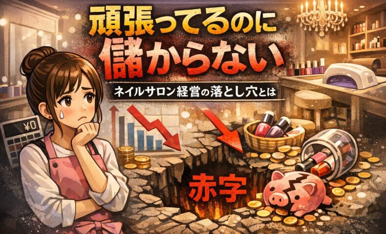 頑張っているのに儲からないネイルサロン経営の問題を表現した悩む女性オーナーと売上低下のイメージ画像