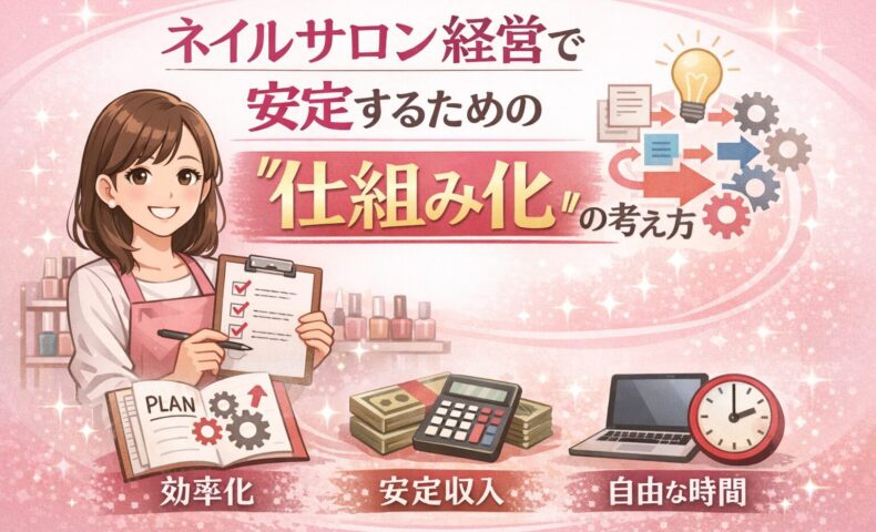 ネイルサロン経営で安定するための仕組み化の考え方を解説するアイキャッチ画像。売上の安定化や業務フロー、自動化のイメージが視覚的に表現されている