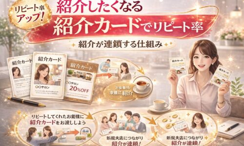 紹介したくなる紹介カードでリピート率アップと紹介が連鎖する仕組みを解説した美容サロン向けマーケティングイメージ画像