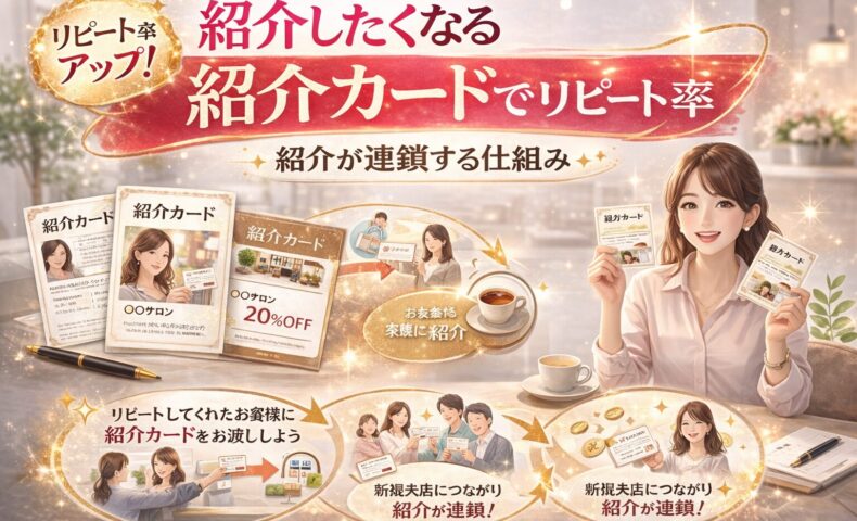 紹介したくなる紹介カードでリピート率アップと紹介が連鎖する仕組みを解説した美容サロン向けマーケティングイメージ画像