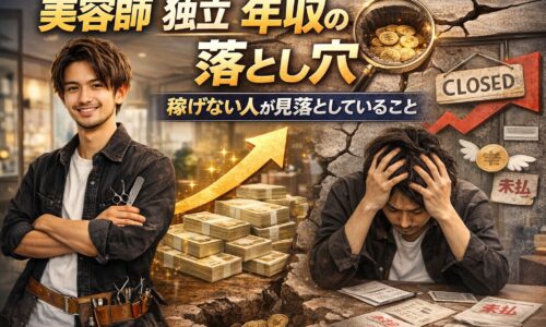 美容師の独立後に年収が伸びない原因を表現した成功と失敗の対比と売上低下イメージのアイキャッチ画像