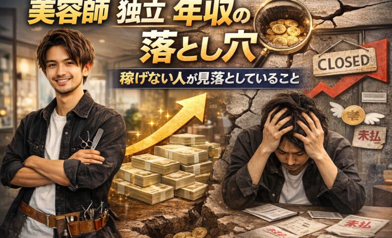 美容師の独立後に年収が伸びない原因を表現した成功と失敗の対比と売上低下イメージのアイキャッチ画像