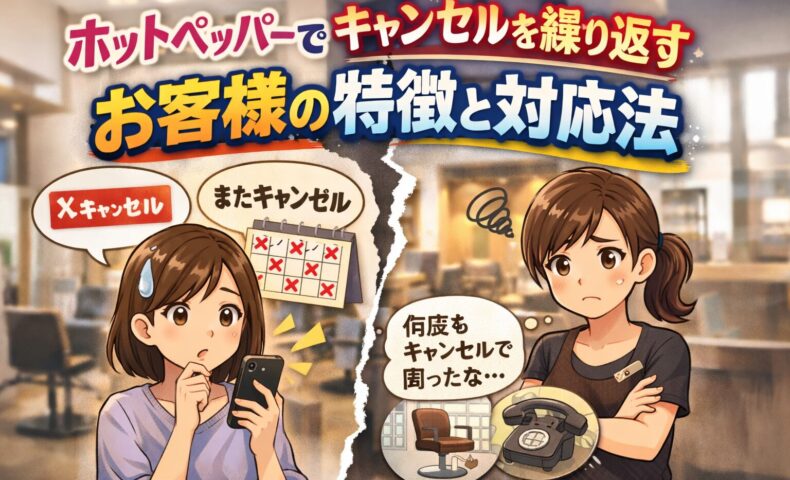 ホットペッパーでキャンセルを繰り返すお客様の特徴と対応方法を表現した美容室と悩むスタッフのアイキャッチ画像