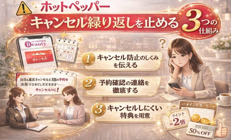 ホットペッパーのキャンセル繰り返しを防ぐ3つの仕組みを解説した美容サロン向けマーケティング画像
