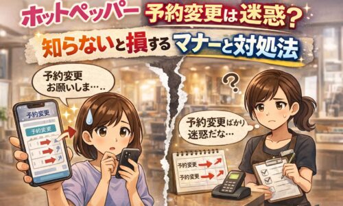 ホットペッパーの予約変更が迷惑かどうかをテーマにした、スマホで予約変更する女性と困るサロンスタッフのアイキャッチ画像